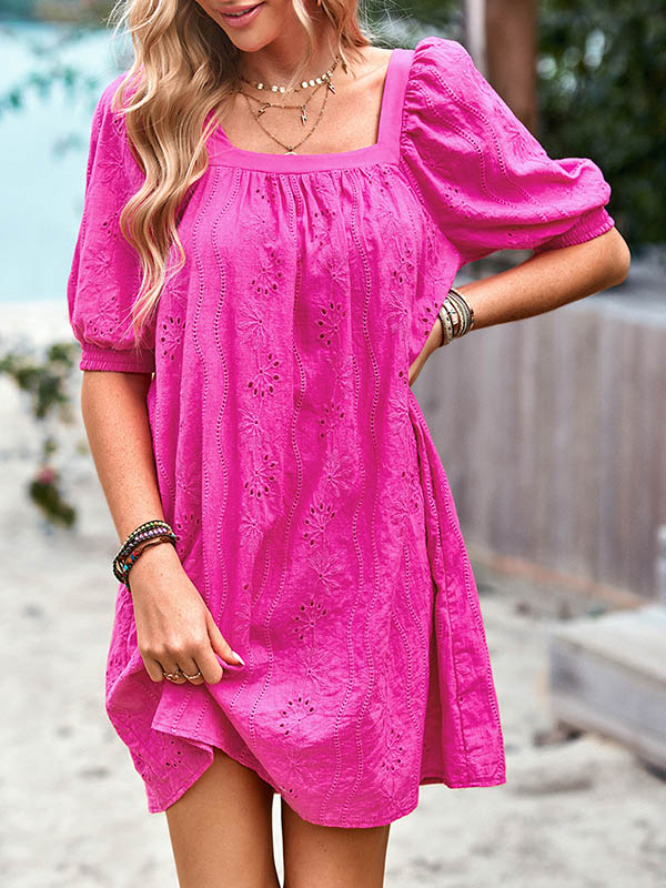 Loose Puff Sleeves Jacquard Solid Color Square-Neck Mini Dresses