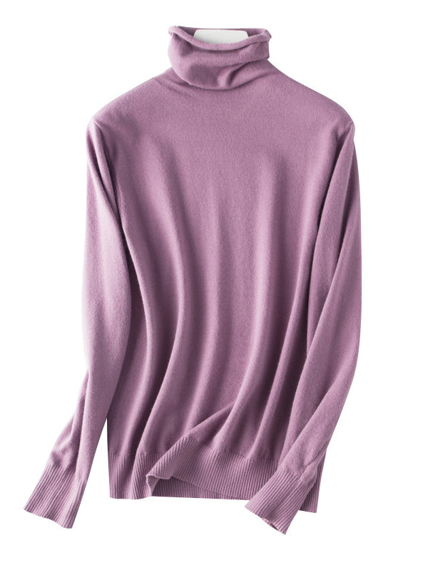 Simple Loose Long Sleeves Solid Color High-Neck Sweater Tops