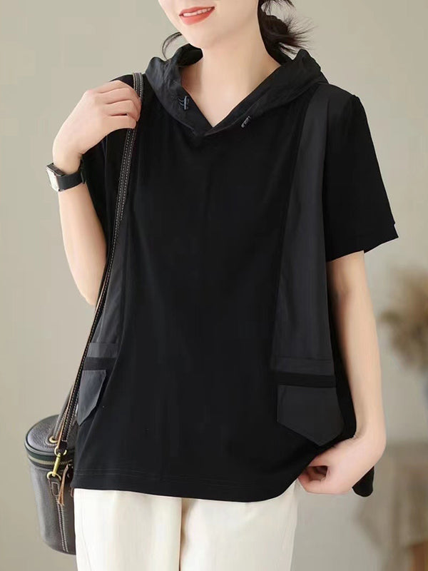 Loose Short Sleeves Solid Color Hooded T-Shirts Tops