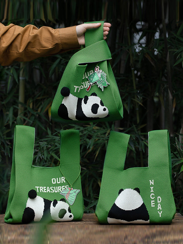 Bolsos de mano tejidos con estampado de panda 