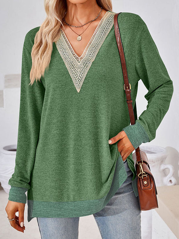 Long Sleeves Loose Hollow Split-Joint Split-Side V-Neck T-Shirts Tops