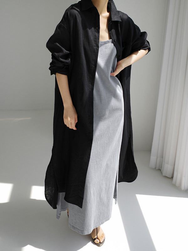 Simple Long Sleeves Split-Side Solid Color Lapel Midi Dresses Shirt Dress