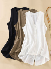 Loose Sleeveless Buttoned Solid Color V-Neck Vest Top