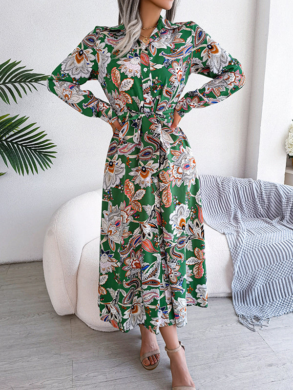 Long Sleeves Buttoned Flower Print Tied Waist Lapel Maxi Dresses