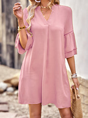 Flared Sleeves Loose Hollow Solid Color Split-Joint V-Neck Mini Dresses