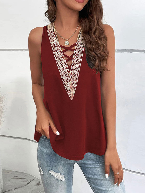 Loose Sleeveless Hollow Split-Joint V-Neck Vest Top