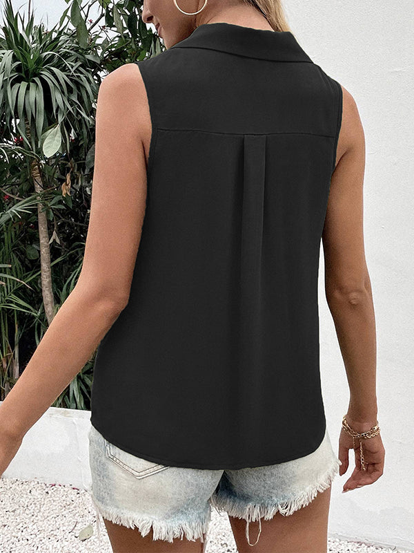 Loose Sleeveless Buttoned Solid Color Split-Joint V-Neck Vest Top