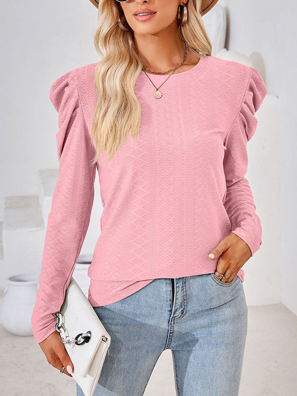 Long Sleeves Loose Pleated Solid Color Round-Neck T-Shirts Tops