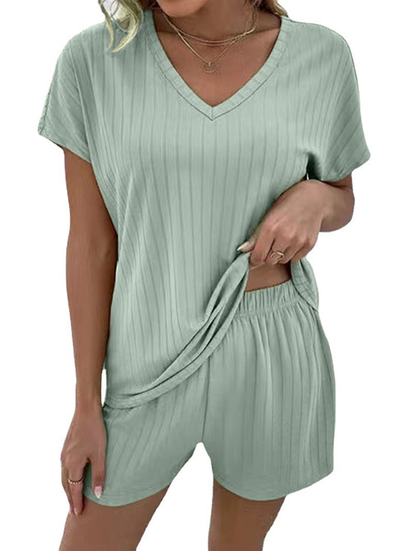 Solid Color Striped Short Sleeves T-Shirt + Elasticity Shorts Pajama Sets