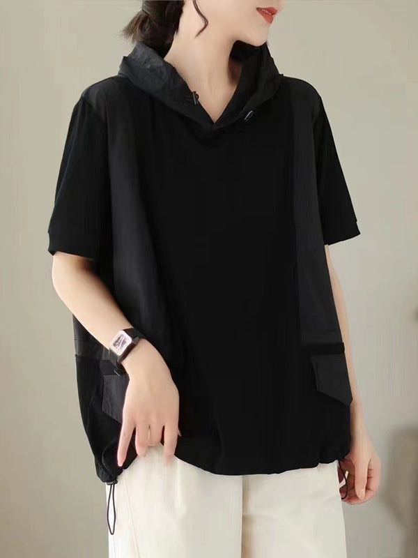 Loose Short Sleeves Solid Color Hooded T-Shirts Tops