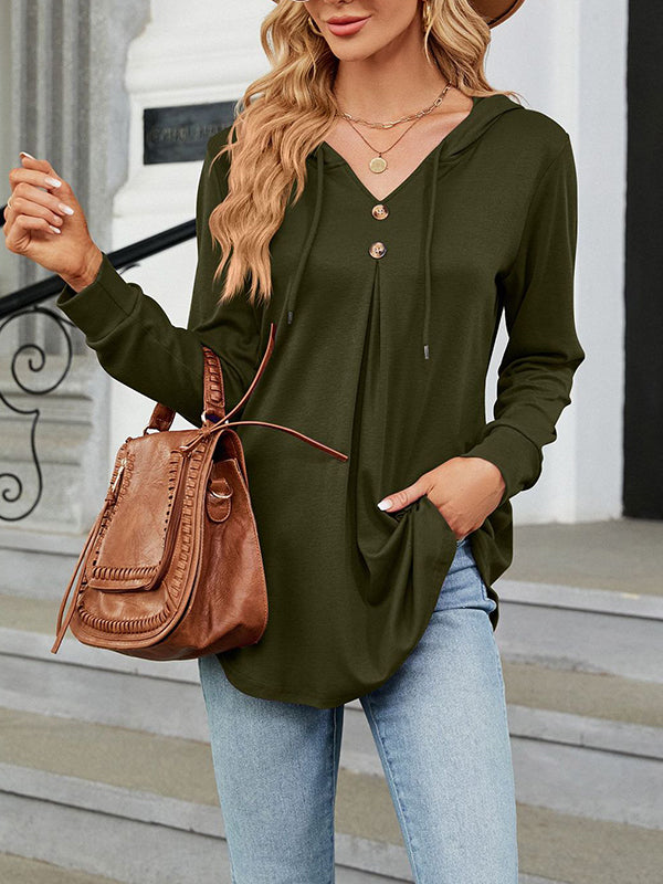 Long Sleeves Loose Buttoned Drawstring Hooded Solid Color V-Neck T-Shirts Tops