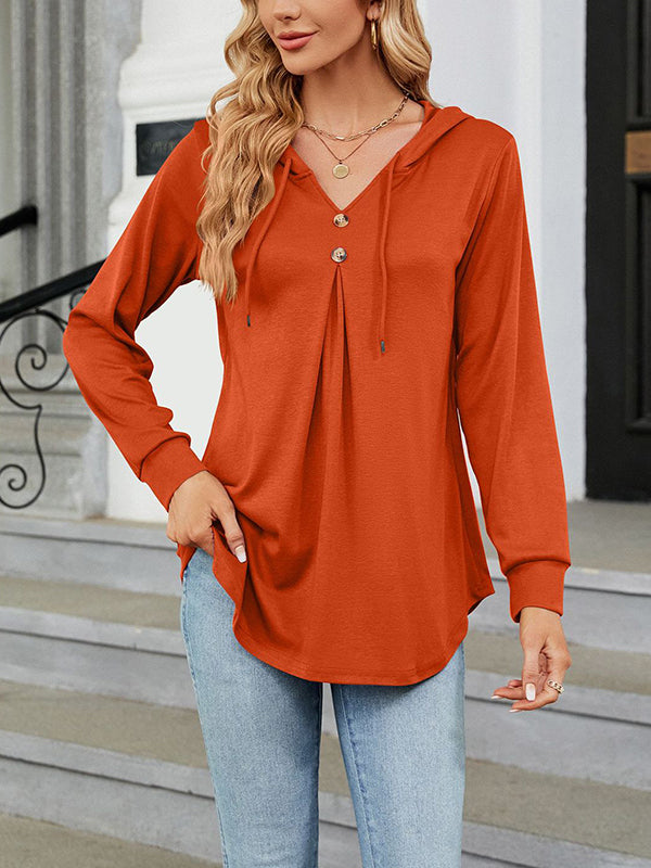 Long Sleeves Loose Buttoned Drawstring Hooded Solid Color V-Neck T-Shirts Tops