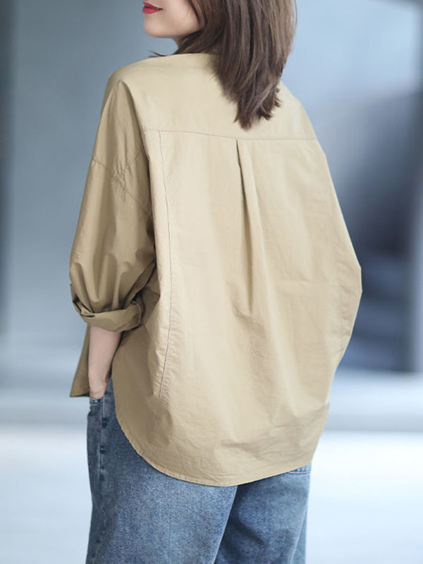 High-Low Long Sleeves Solid Color Lapel Blouses&Shirts Tops