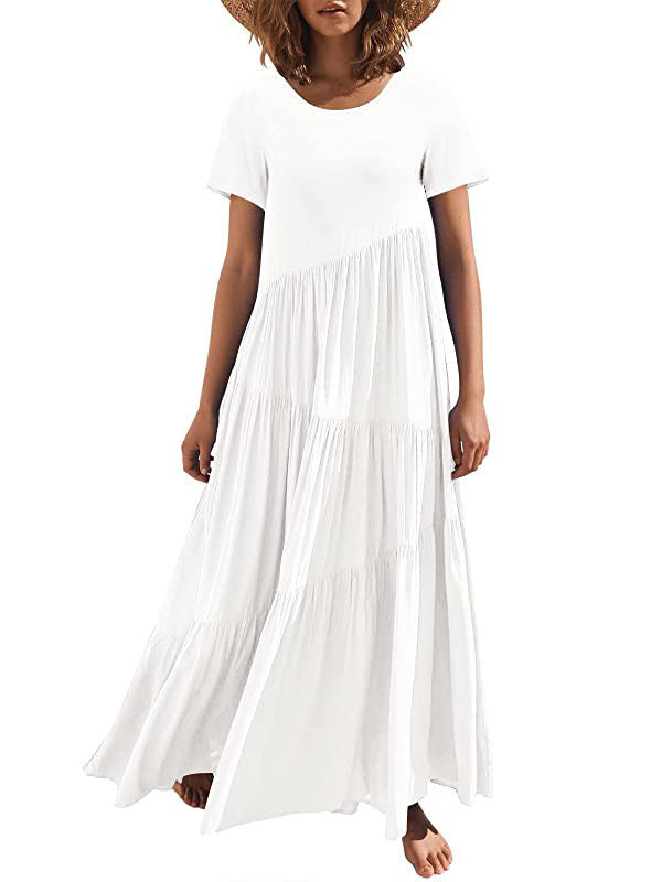 Casual Short Sleeves Loose Solid Color Round-Neck Maxi Dresses