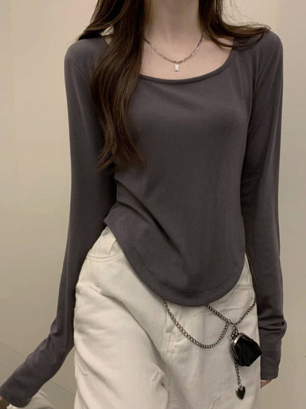 Long Sleeves Skinny Solid Color Square-Neck T-Shirts Tops