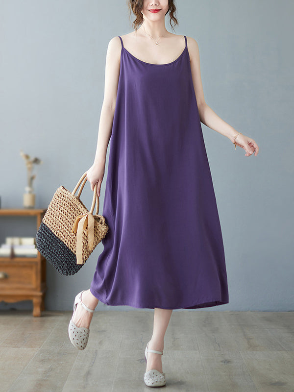 Loose Sleeveless Solid Color Spaghetti-Neck Midi Dresses