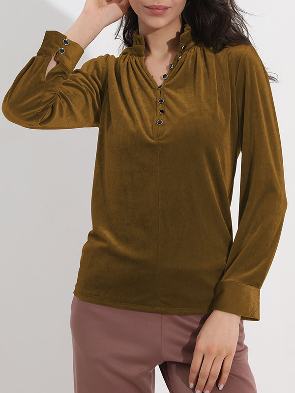 Long Sleeves Loose Buttoned Ruffled Velvet V-Neck T-Shirts Tops