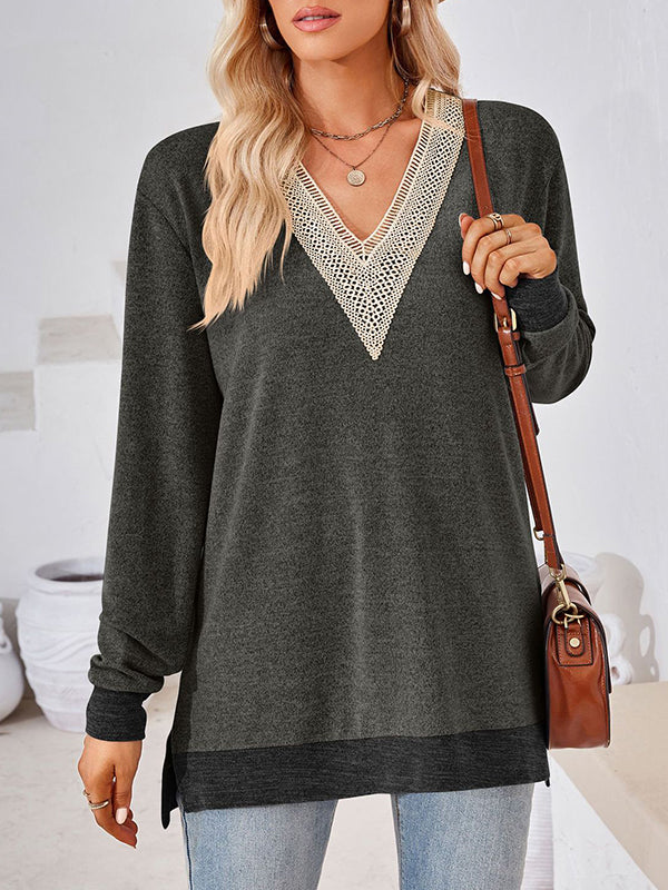 Long Sleeves Loose Hollow Split-Joint Split-Side V-Neck T-Shirts Tops