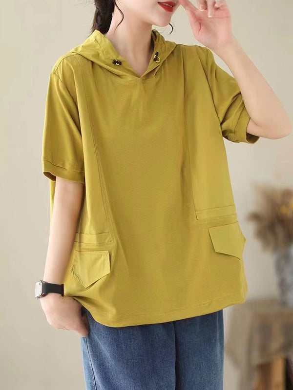 Loose Short Sleeves Solid Color Hooded T-Shirts Tops