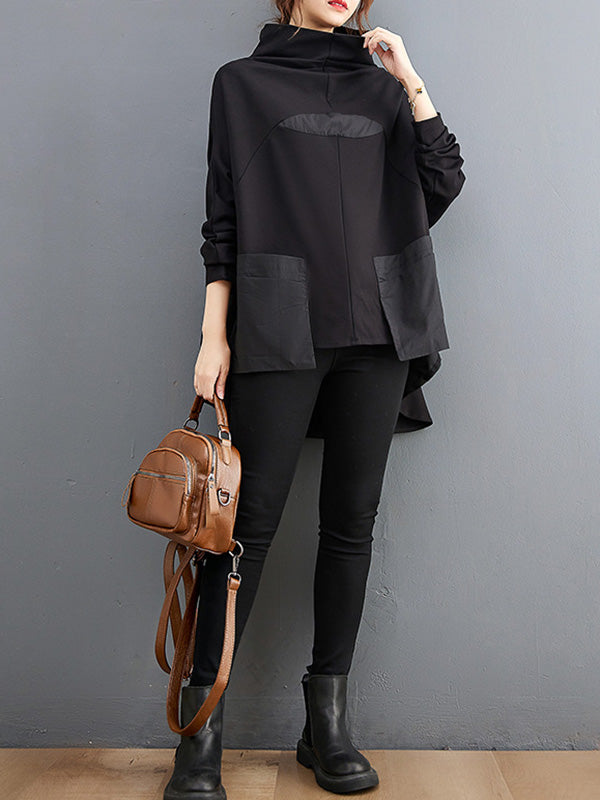 Casual Loose Split-Joint High-Neck Long Batwing Sleeves T-Shirt