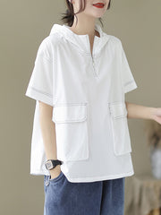 Loose Short Sleeves Zipper Hooded T-Shirts Tops