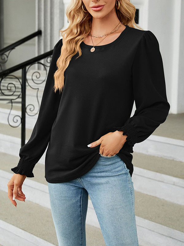 Long Sleeves Loose Elasticity Solid Color Round-Neck T-Shirts Tops