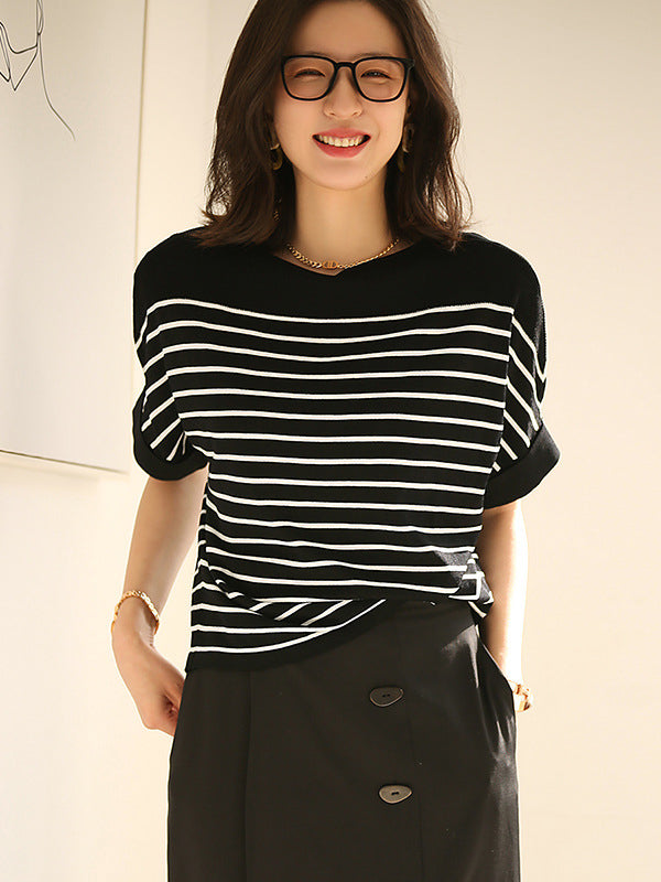 Urban Batwing Sleeves Loose Contrast Color Striped Knitting T-Shirt