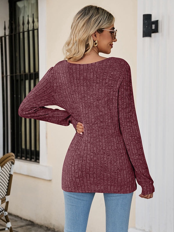 Casual Long Sleeves Skinny Solid Color Square-Neck Sweater Tops