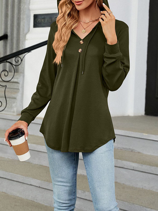 Long Sleeves Loose Buttoned Drawstring Hooded Solid Color V-Neck T-Shirts Tops