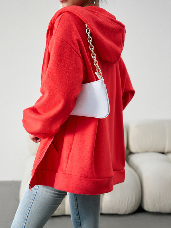 Long Sleeves Loose Drawstring Zipper Hooded Jackets Outerwear