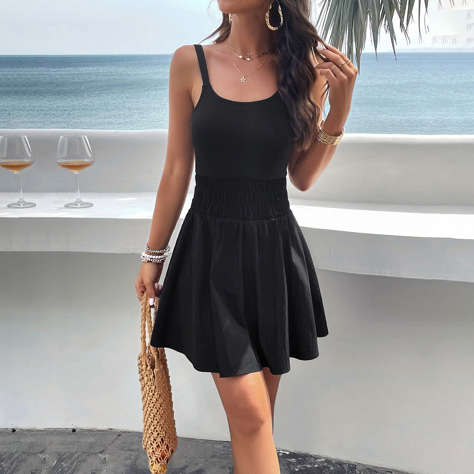 Solid Smocked Sleeveless Mini Dress