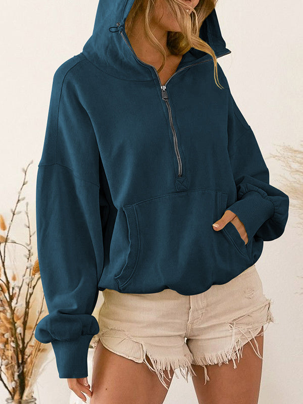 Loose Puff Sleeves Drawstring Split-Joint Zipper Hooded Hoodies Tops