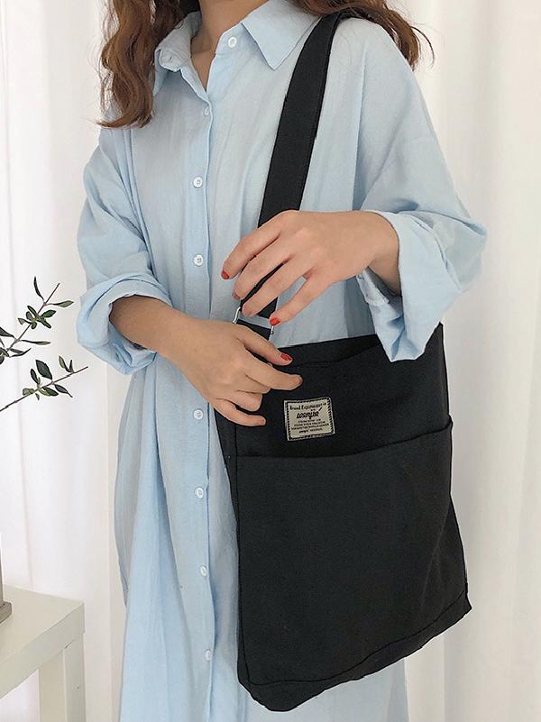 Simple Solid Color With-pockets Canvas Handbag