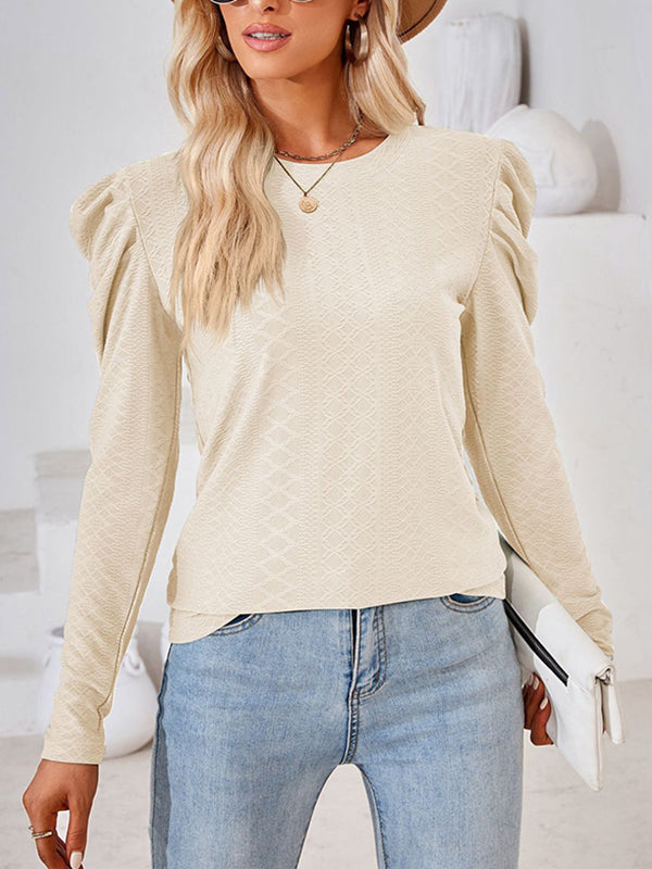 Long Sleeves Loose Pleated Solid Color Round-Neck T-Shirts Tops