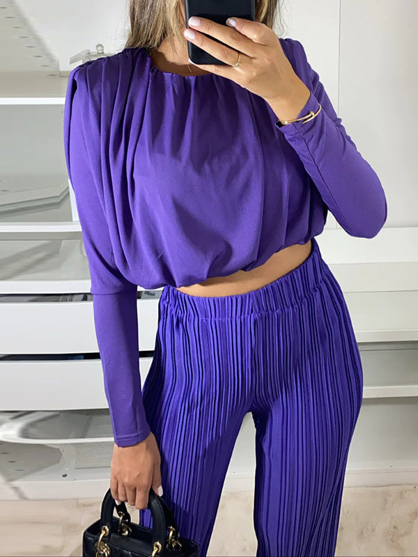 Long Sleeves Elasticity Pleated Solid Color Round-Neck Shirts Top + High Waisted Pants Bottom Two Pieces Set