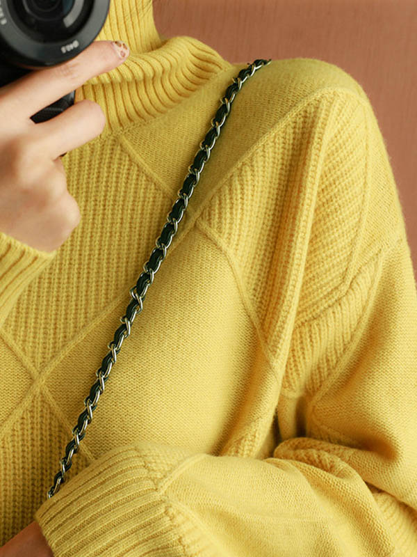 Casual Loose Solid Color Striped High-Neck Long Sleeves Sweater Tops