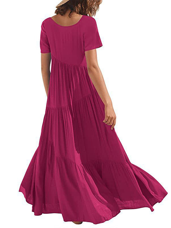 Casual Short Sleeves Loose Solid Color Round-Neck Maxi Dresses