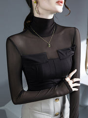 Long Sleeves Skinny Gauze See-Through Split-Joint High-Neck T-Shirts Tops