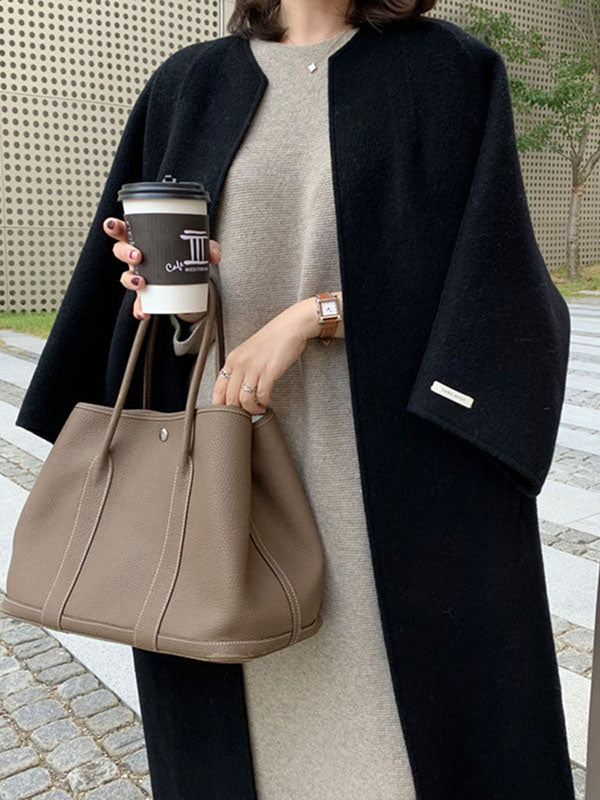 Long Sleeves Loose Solid Color Collarless Woolen Coat