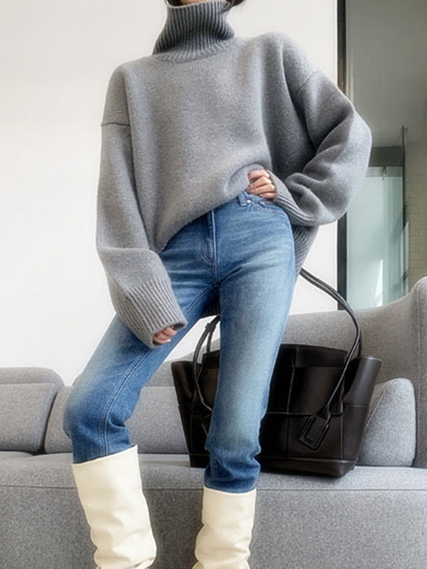 Casual Loose Long Sleeves Solid Color High-Neck Sweater Tops