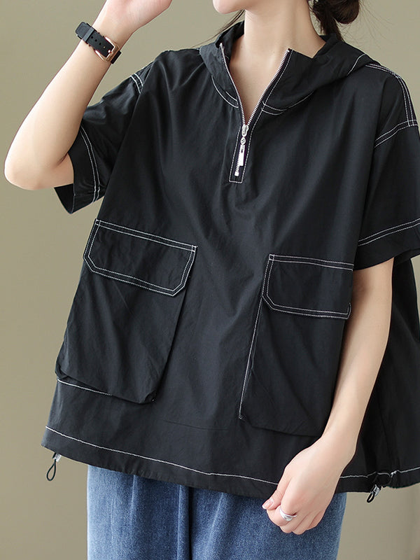 Loose Short Sleeves Zipper Hooded T-Shirts Tops