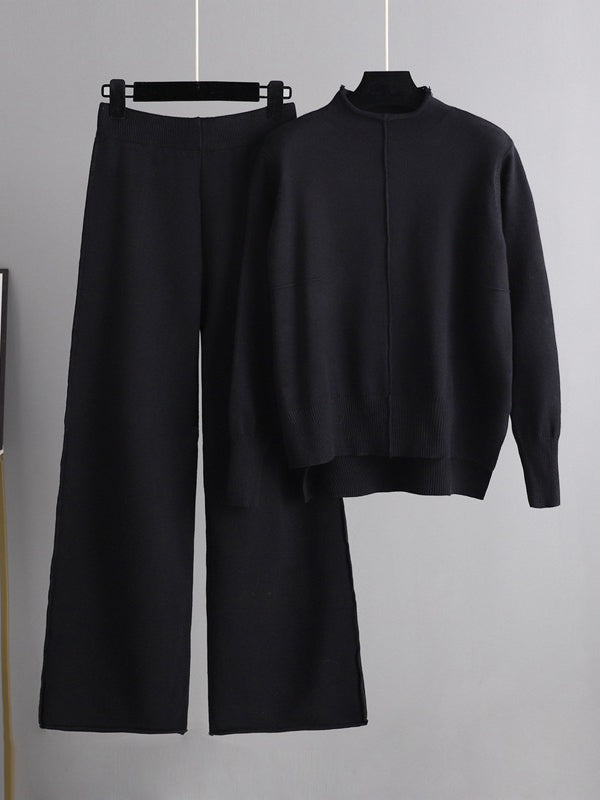 Stylish High-Low Long Sleeves Split-Side Solid Half Turtleneck Sweater Tops & Wide Leg Pants Two Pieces Set