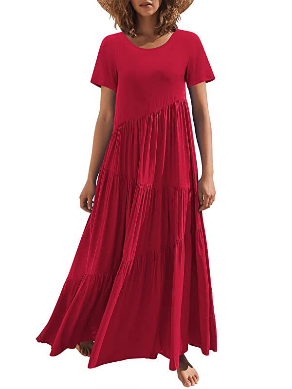 Casual Short Sleeves Loose Solid Color Round-Neck Maxi Dresses