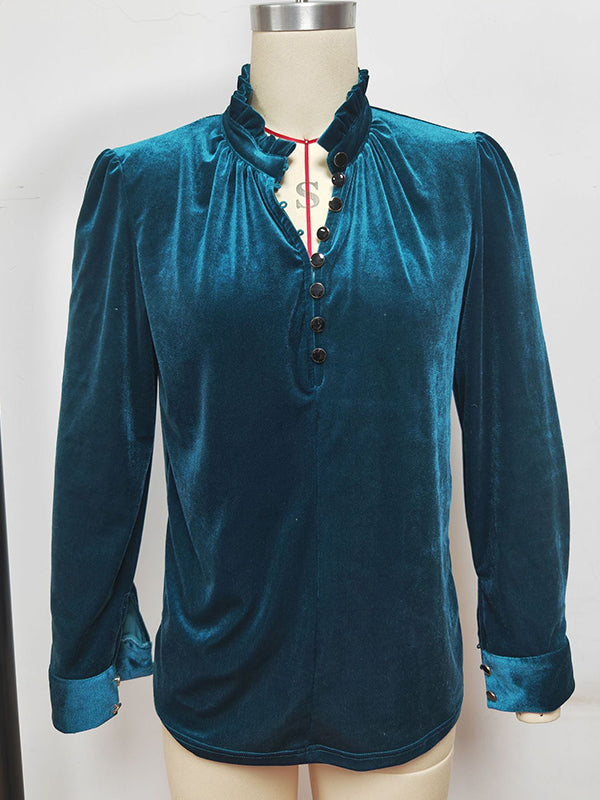 Long Sleeves Loose Buttoned Ruffled Velvet V-Neck T-Shirts Tops