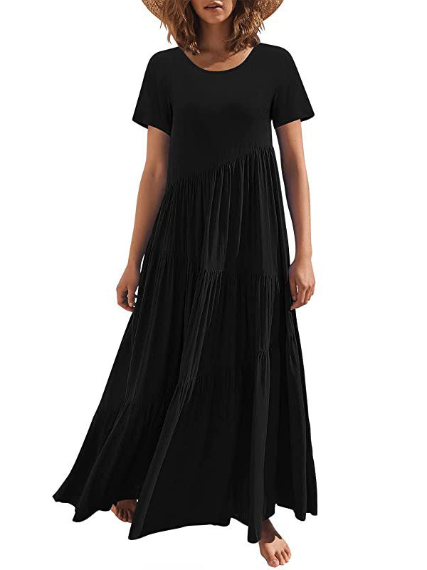 Casual Short Sleeves Loose Solid Color Round-Neck Maxi Dresses