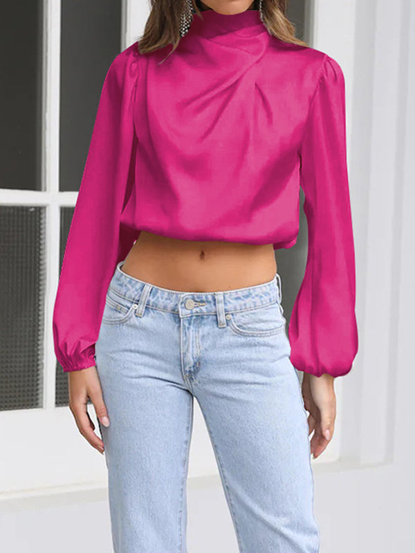 Long Sleeves Loose Elasticity Pleated Solid Color Mock Neck T-Shirts Tops