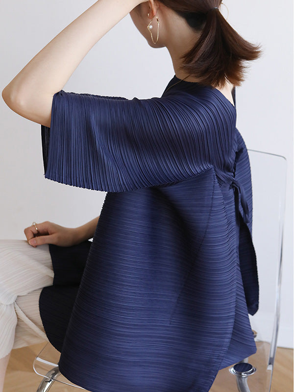 Simple Loose Long Sleeves Tied Pleated Solid Color Round-Neck T-Shirts Tops