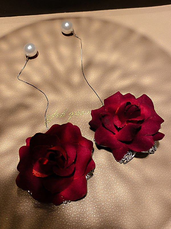 Vintage Red Rose Floral Pearl Earrings Accessories