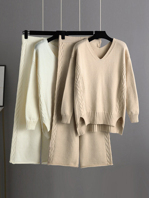 Stylish Loose Long Sleeves Solid Color V-Neck Sweater Tops& Wide Leg Pants Two Pieces Set