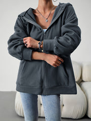 Long Sleeves Loose Drawstring Zipper Hooded Jackets Outerwear